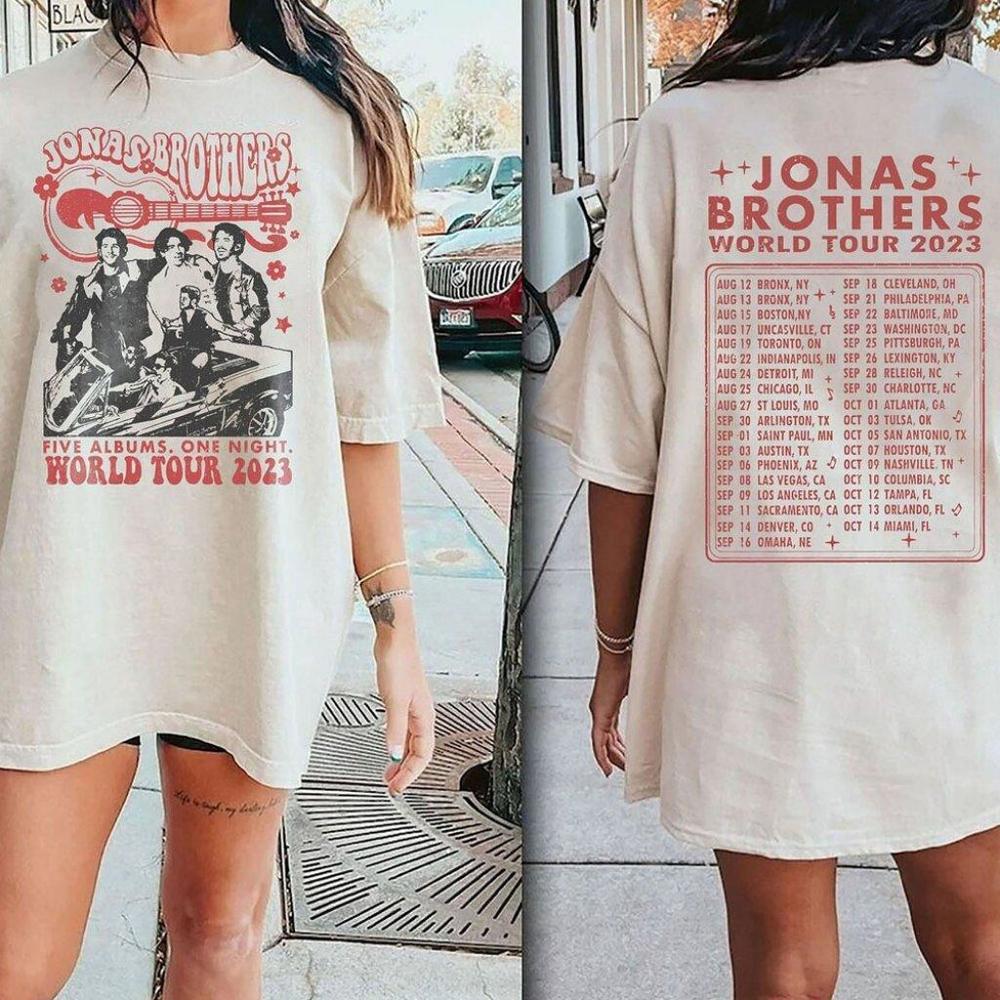 Jonas Brother 2 Sided Shirt Five Album One Night The Tour 2023 Merch Tee